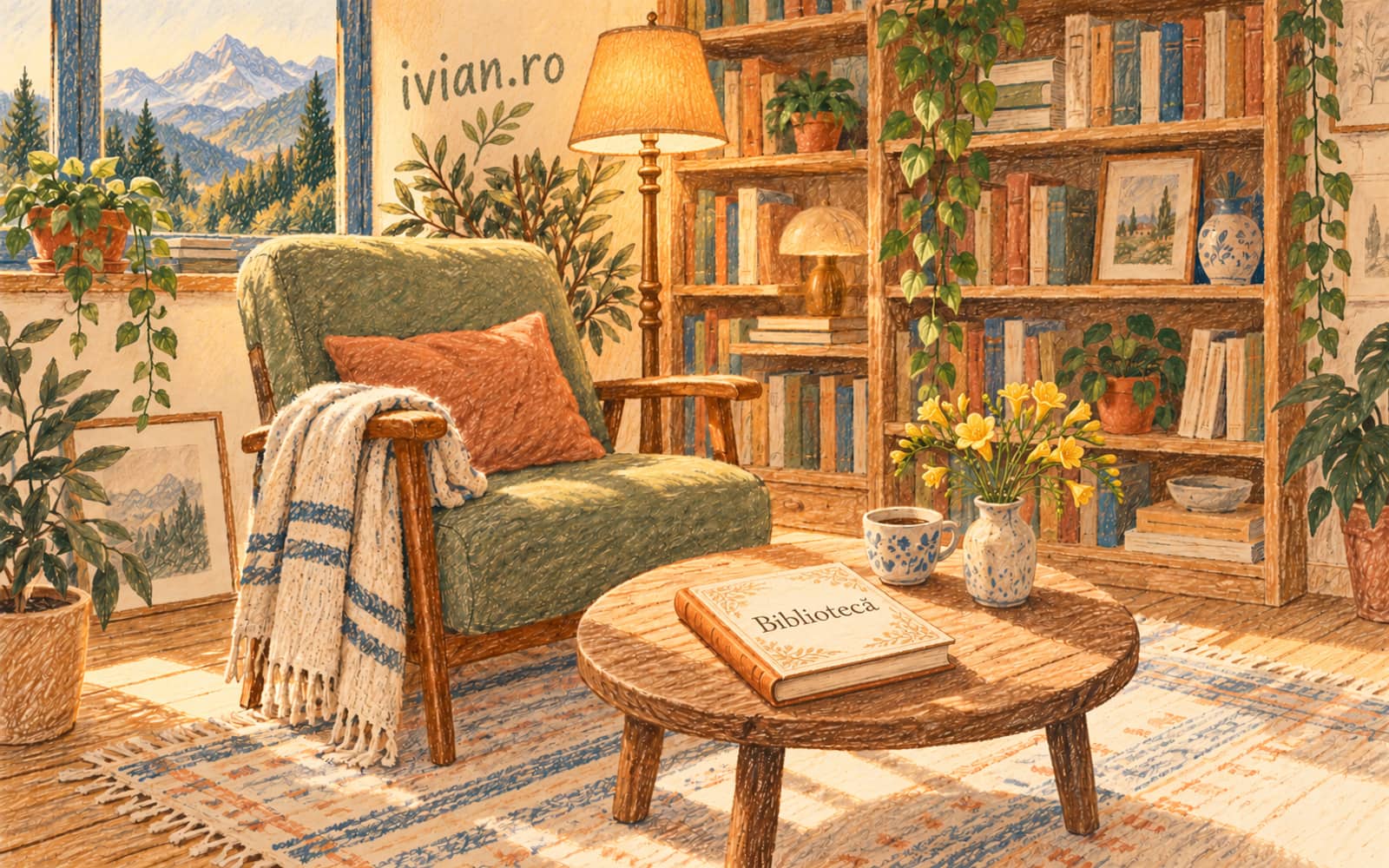 Un fotoliu, o lampă aprinsă și o bibliotecă. Pe măsuță, cartea Bibliotecă deschide catalogul.